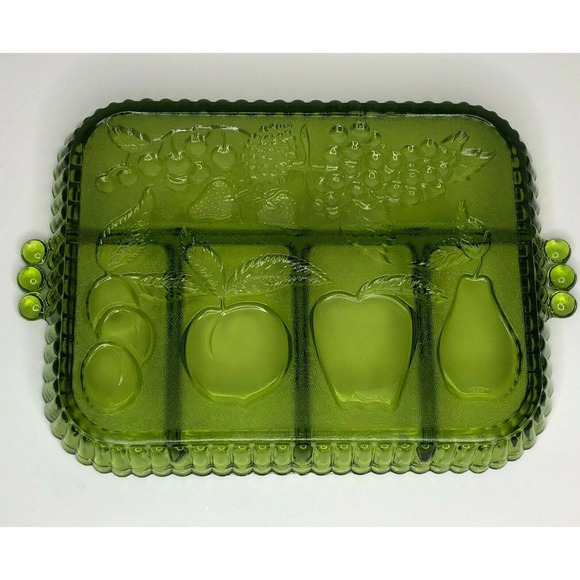 Vintage Olive Green Indiana Glass Divided Tray With Fruit Pattern Relish MidCent - Picture 2 of 9